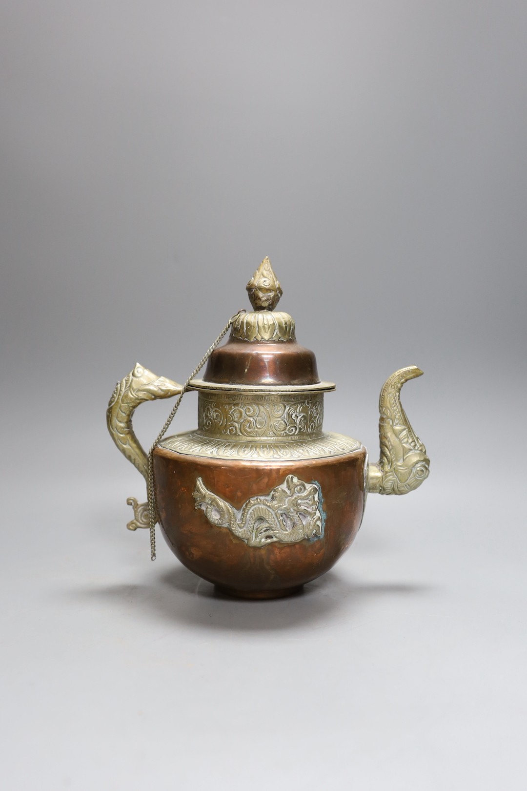 A Chinese built metal Buddha - 29cm high, a bronze Chinese lobed dish, together with a Tibetan teapot